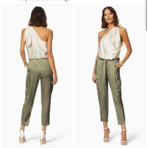 Ramy Brook Allyn Satin Paper Bag Waist Tailored Trouser Cargo Pant Olive Green